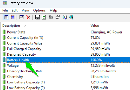 BatteryInfoView Software Interface on Windows 11